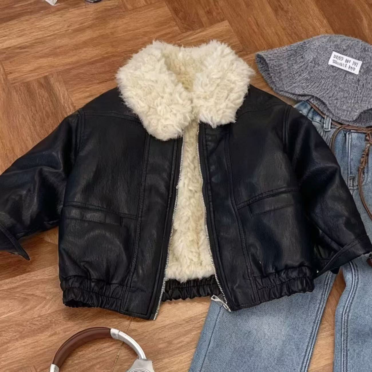 [en stock] chaqueta de cuero para niños y niñas, ropa de invierno, nueva chaqueta de piel negra y guapo, chaqueta de cuero de terciopelo para bebés