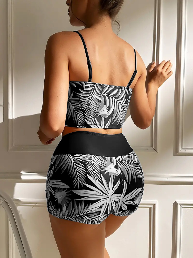 High Waist Lace up Print Swimsuit for Women Split Boxer Style Solid Color Splicing Design European American Foreign Trade 2024 Large Size_ecoleips.com