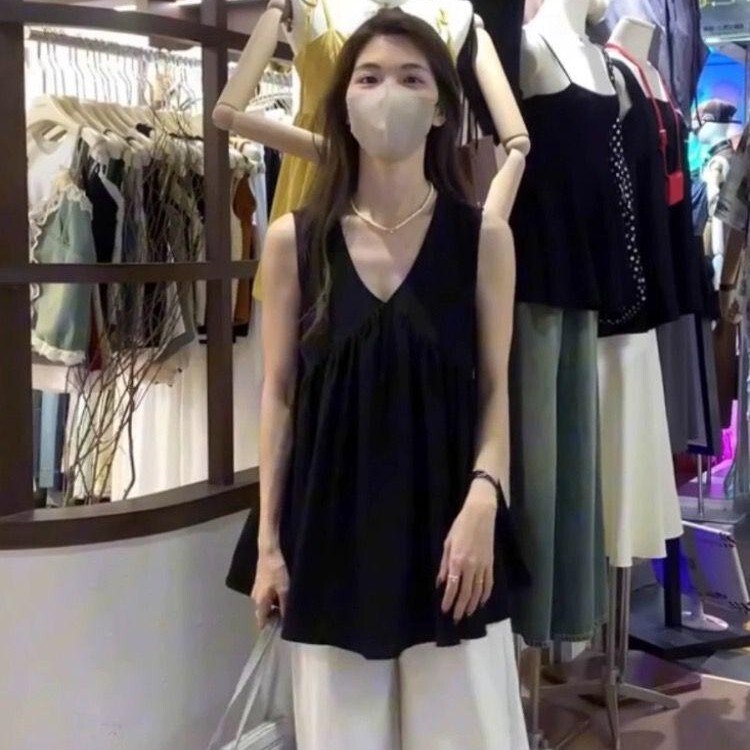 2025 Summer New Black Sleeveless Camisole Shirt Summer Thin French Style Top Breathable Slimming Loose Top