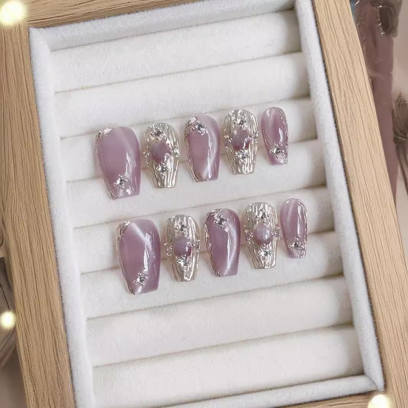 Buchelati Wearing Armor Handmade Phototherapy Nail Art Patch Finished Products Wholesale Lavender Crystal Cat's Eye Advanced Sense