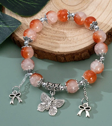 Jade Broken Orange Pink Butterfly Double Tassel Bracelet #SZ480#SZ476