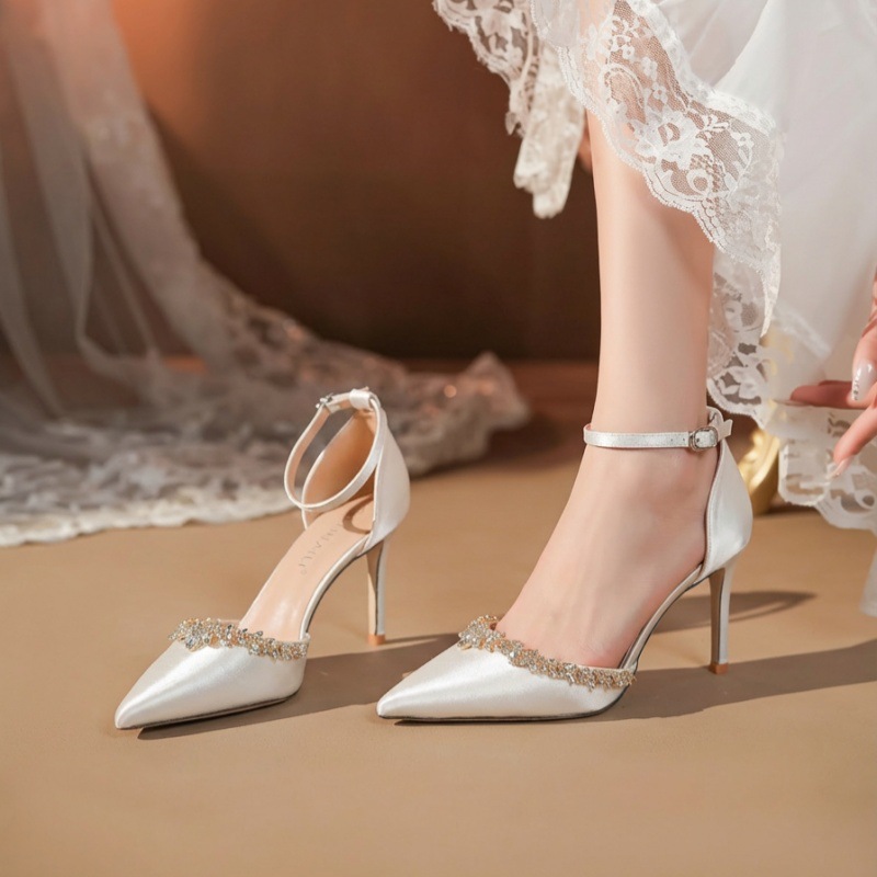 Women's Satin High Heels Sandals Single Buckle Strap Pointed Toe With Rhinestone Chain Hollow Sole Wedding Shoes New Style Summer_voghion.com