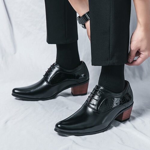 Mens Large Pointed High Heel Leather Shoes, British Business Casual Elevated Wedding Shoes, Korean Style Polished Stylist Trendy Shoes