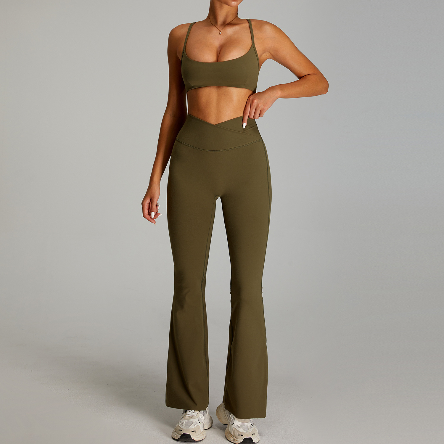 Traje de ropa de yoga desnuda de cintura alta cruzada transfronteriza, ropa de fitness ajustada de secado rápido para mujer, traje de carrera para deportes al aire libre