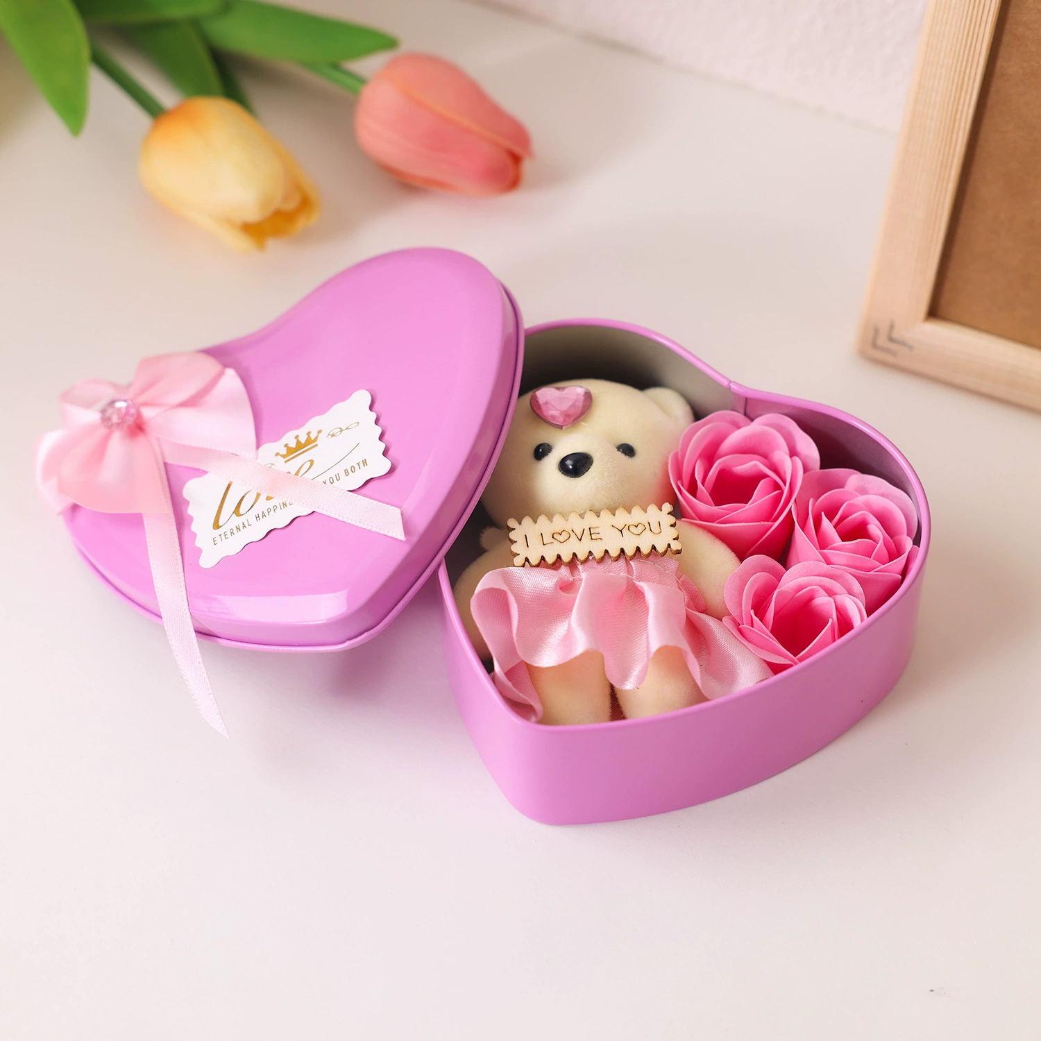 Tin box, soap for St. Valentine's Day contains rose, Birthday gift