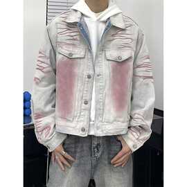 美式潮牌洗水直喷马骝白色牛仔衣男秋季宽松百搭休闲情侣夹克外套