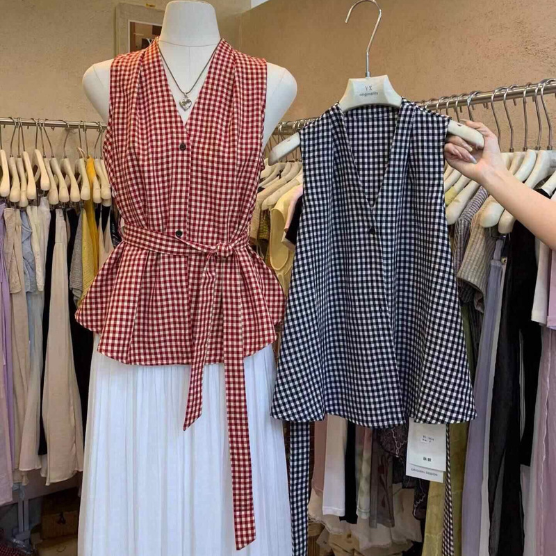 Summer sleeveless plaid shirt, commuter style, versatile V-neck, Korean-style simple tie-waist vest for women