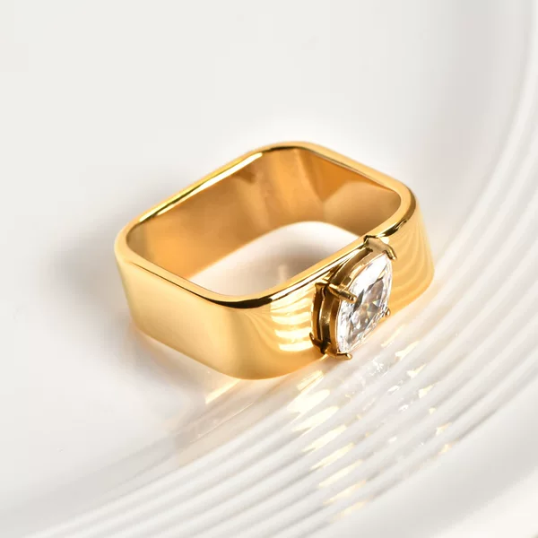 1Pc Square Water Drop Zircon Stainless Steel Plated 18K Gold Ring
