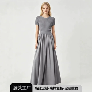 工厂直销 法式针织拼接连衣裙26夏季新款收腰显瘦中长款a字裙批发