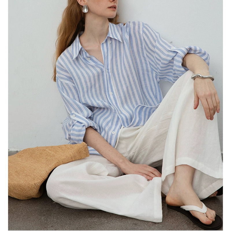Áo sơ mi nữ linen sọc xanh trắng dáng rộng chống nắng mùa hè — Sọc xanh trắng chi tiết 4