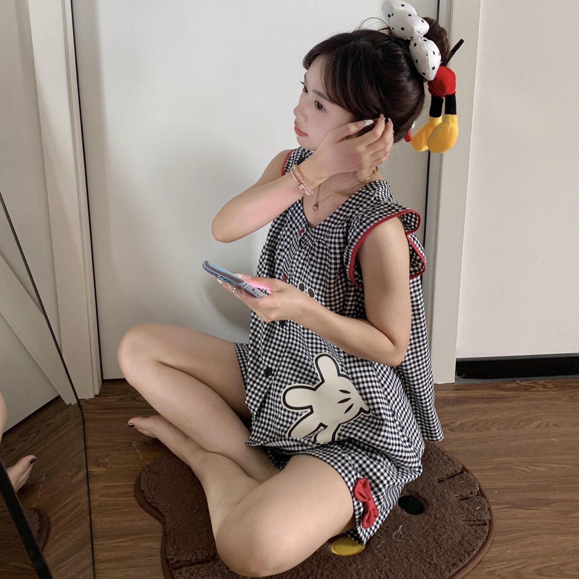 韓国版ミッキーチェック柄ノースリーブパジャマ女性用2025年夏新作女の子年齢軽減アウターウェア大きいサイズホームウェアセット
