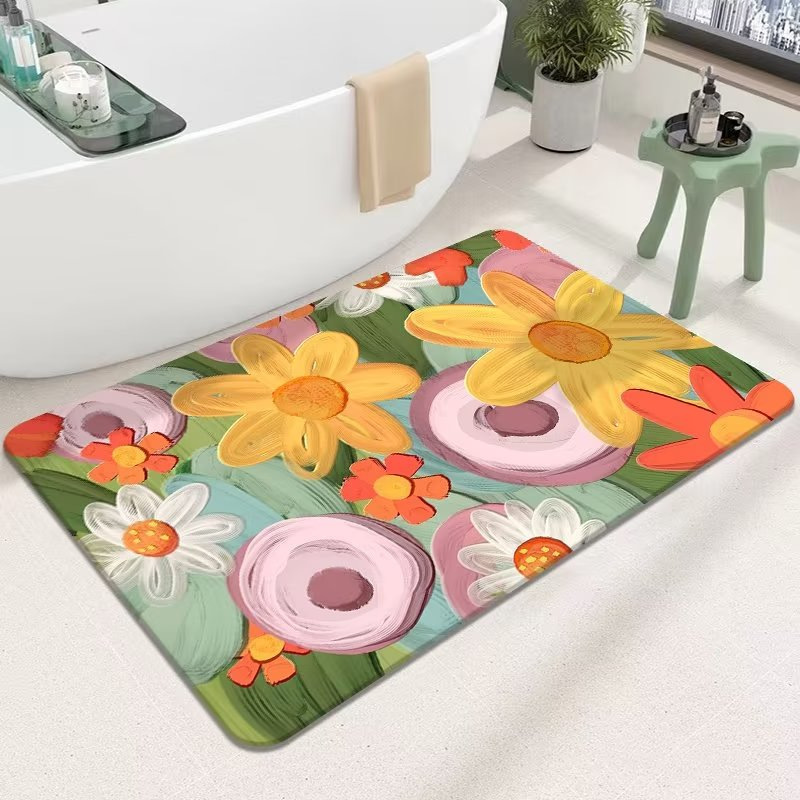 Simple and Fresh Floral Diatom Mud Floor Mats for Bathroom, Non-Slip and Easy to Care For, Bathroom Absorbent and Wear-Resistant Floor Mats