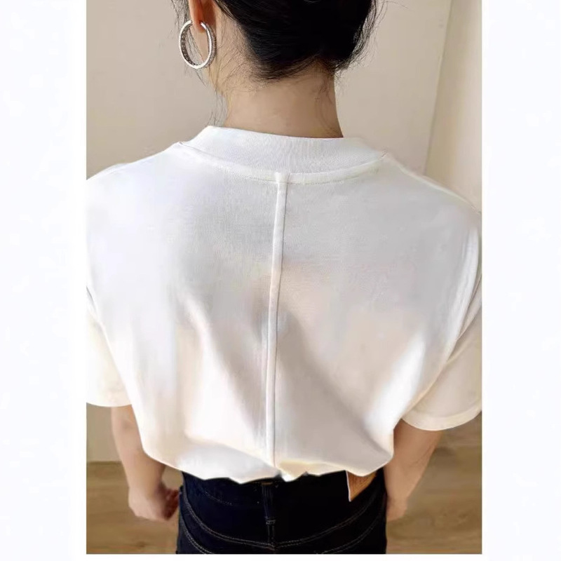 High-quality soft long-staple cotton ROW-style simple semi-high collar short-sleeved T-shirt versatile high quality French-style stitched top