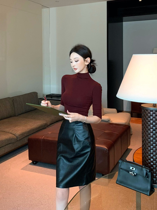 女装高级感气质半袖T恤修身显瘦半高领上衣半身裙皮裙两件套秋装|undefined