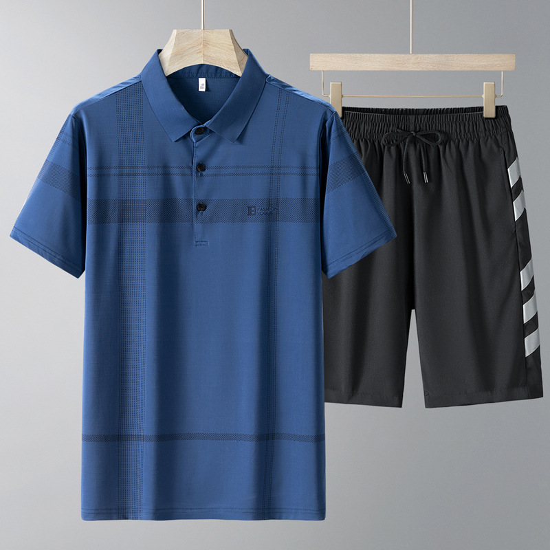 Papa de verano, traje casual de seda de hielo para hombres, camisa polo para hombres, manga corta, manga corta, traje de moda para hombres de mediana edad