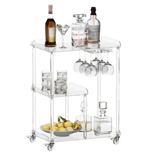 Acrylic bar car with 4 lockable wheels 3 layers transparent service car with bracket rolling beverage car