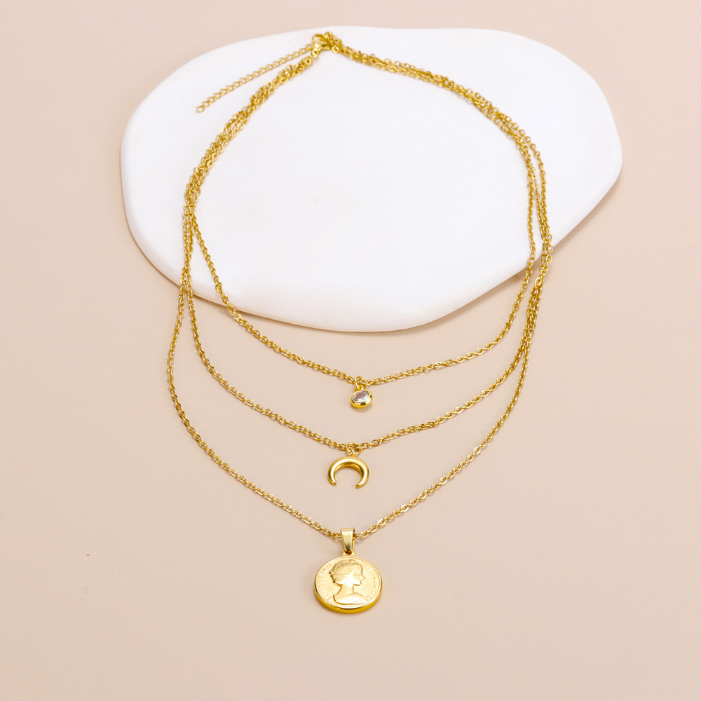 Retro Portrait Moon Titanium Steel Plating Layered Necklaces 1 Piece