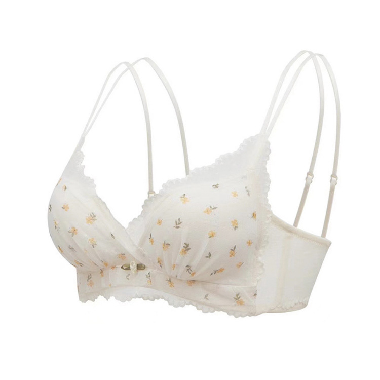 8019 francés floral gasa encaje Correa delgada belleza espalda ropa interior de las mujeres cómodo inalámbrico medio Delgado sujetador transpirable traje