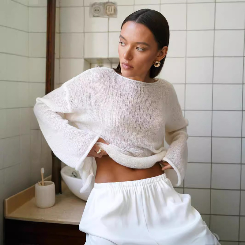 Cross-Border Hollow-Out Knitwear European and American Style 2025 Autumn New Women's Sheer Thin Large Round Neck Bell-Sleeve Knit T-Shirt