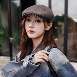 批发25年秋冬新款高品质棉麻文艺鸭舌帽子女复古画家帽百搭前进帽
