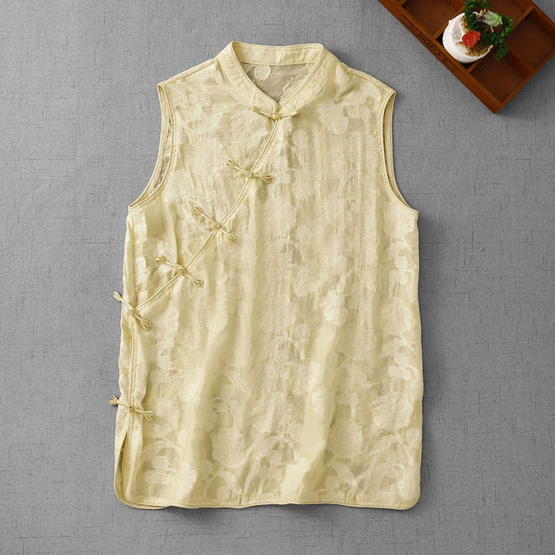 Летний новый ретро-топ в китайском стиле 2025 года, улучшенный свободный повседневный безрукавный жилет на пуговицах для женщин