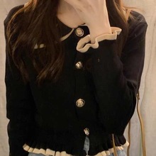 法式短款polo领外穿修身长袖毛衣女针织开衫秋冬打底衫小个子上衣