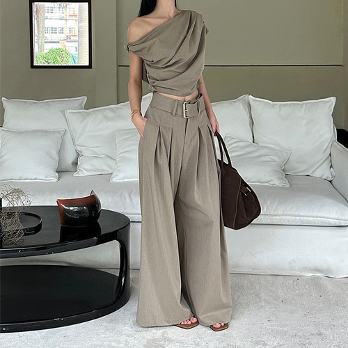 Apricot Irregular Off-the-Shoulder Wide Leg Pants Set Women Fashion Design Sense Top Graceful Suit Long Pants Two-Piece Set 