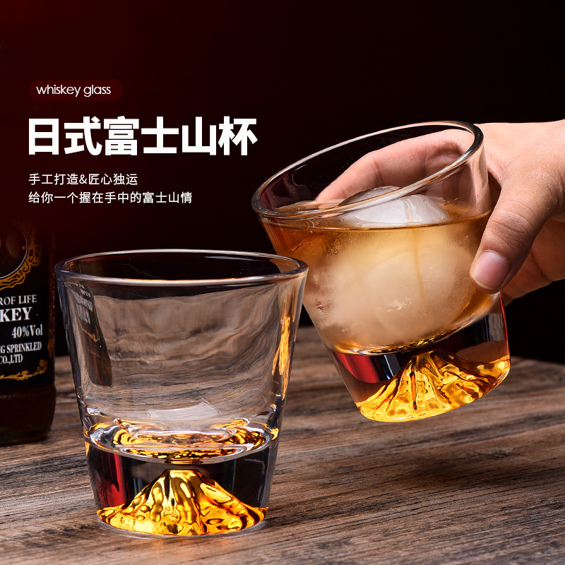 Glass Whiskey Glass Gift Set, Crystal Fuji Mountain Cup Wooden Box Liquor Set, Creative Japanese Wine Glasses