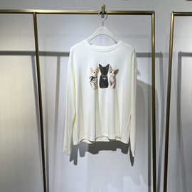2025秋季新款女装休闲卡通猫咪印花减龄圆领长袖T恤上衣3G8701001