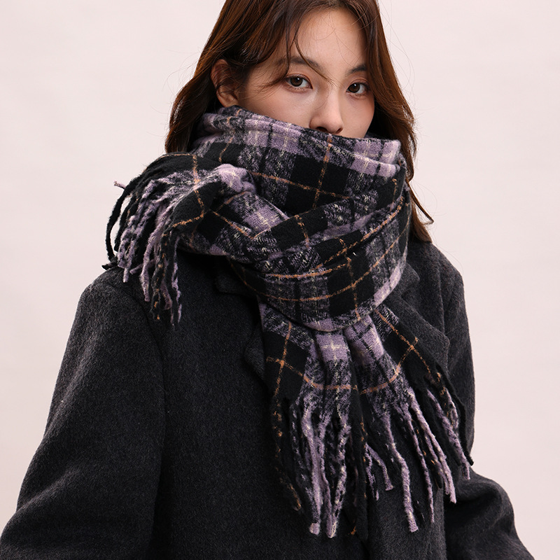 Sciarpa profumata di alta qualità in viola taro per le donne in inverno, versione coreana in lana intrecciata versatile scialle scozzese, sciarpa morbida e calda_voghion.com