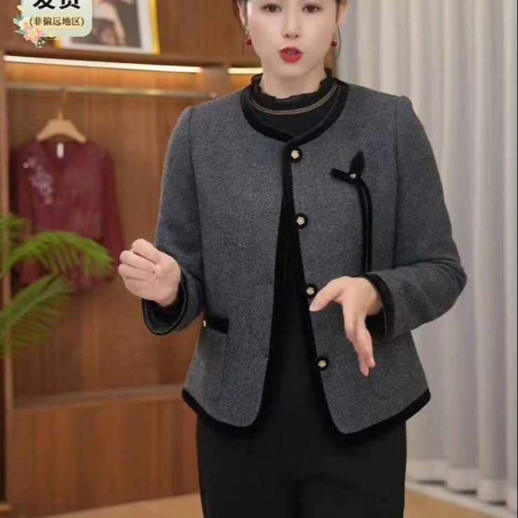 一件代发直播爆款2025秋季新款时尚气质妈妈装毛混纺洋气短外套|undefined