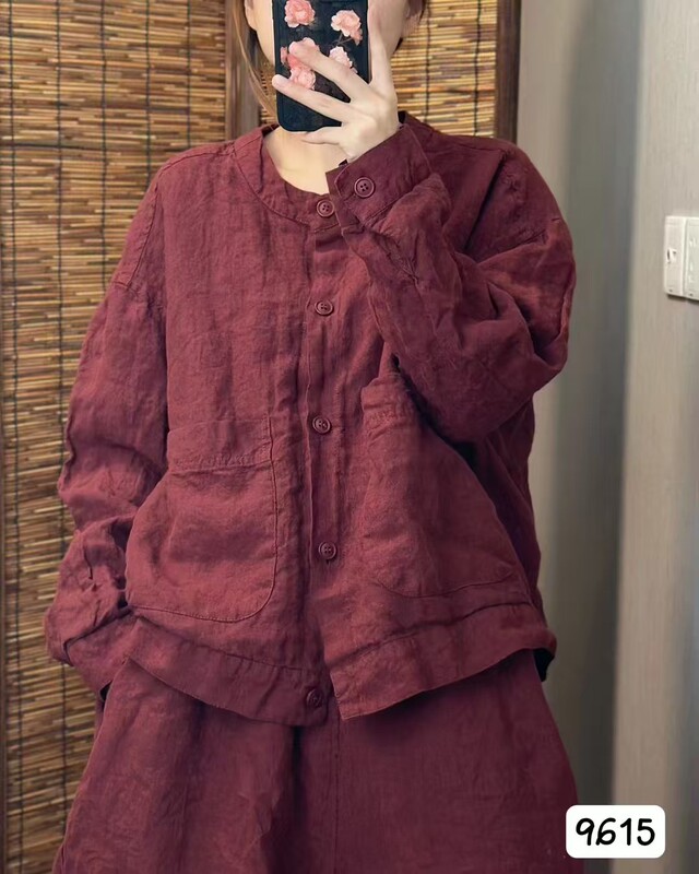 新品复古亚麻复古宽松文艺纯色减龄开衫休闲衬衫外套|undefined