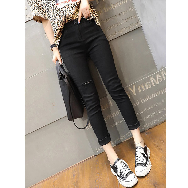 Black Ripped Leggings Women's Summer Korean-style Tight Slimming Magic Leggings High Waist Stretch Straight Ankle-length Pants
