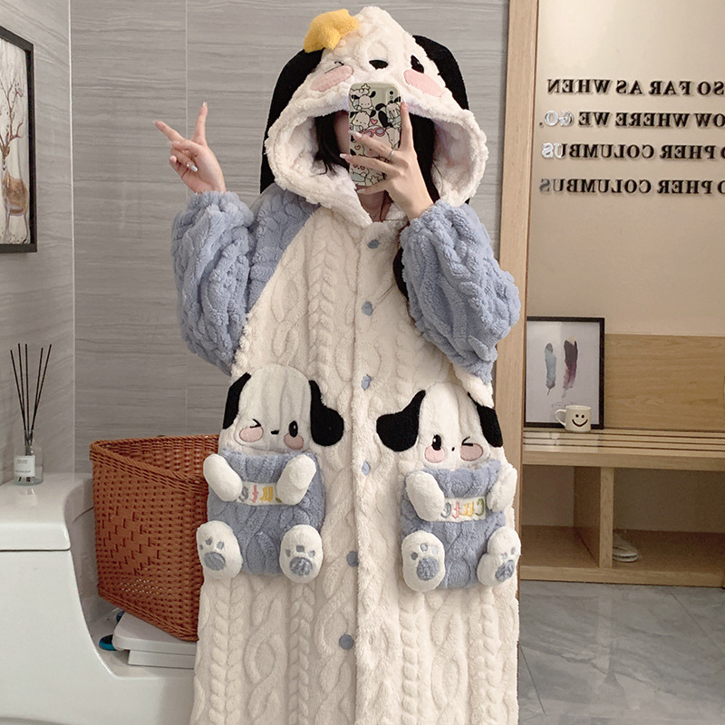 Coral velvet keep warm cartoon bathrobe