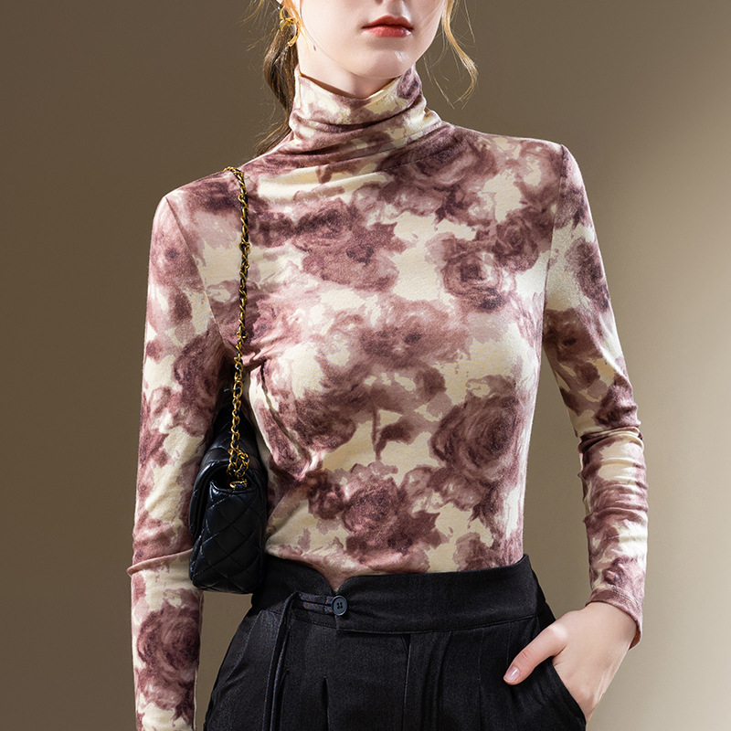 Camisa de fondo de cuello alto para mujer 2023 nueva camiseta de manga larga estampada Vintage para mujer europea temperamento Cintura interior superior ajustada