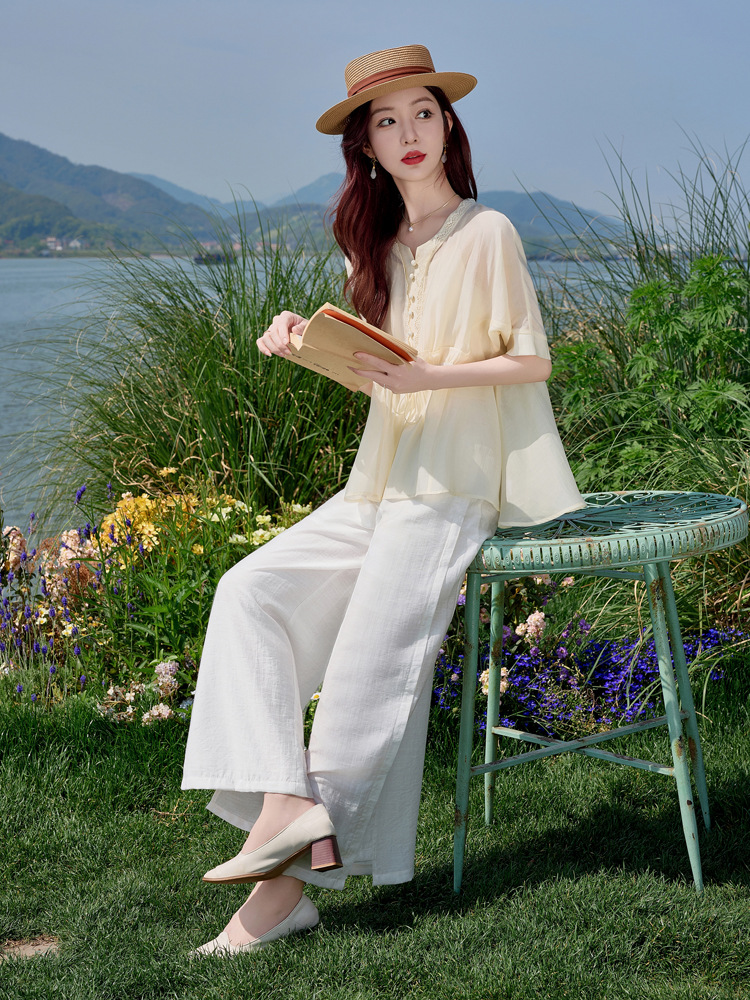 Bộ đồ mùa hè nữ Tencel cao cấp áo hai dây quần ống rộng ba món SY2697 — Bộ màu như hình