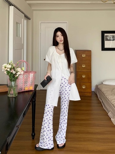 Women's White Bubble Sleeve Blouse Design-Band Collared Shirt Summer Korean Version Medium Long Loose Casual Top