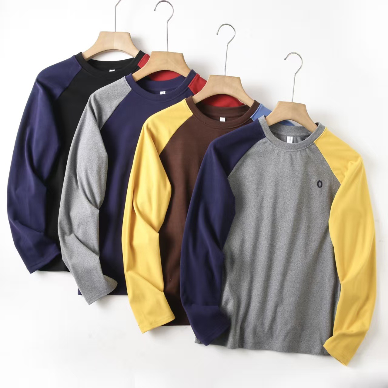 日系复古~双面德绒 男女插肩袖撞色刺绣保暖圆领长袖T恤打底衫潮