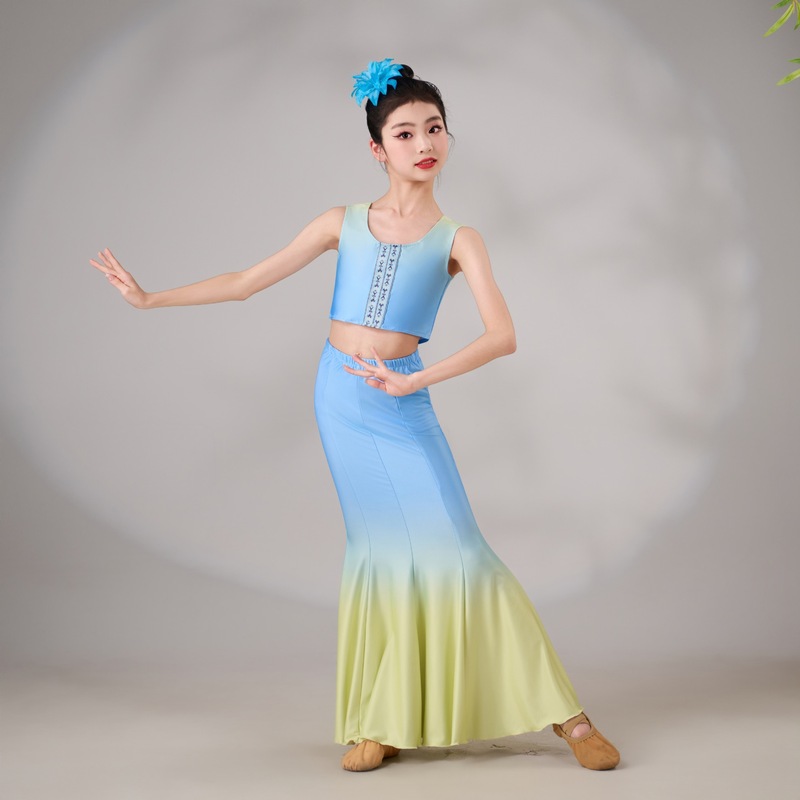 子供用ダイダンス衣装、女の子用フィッシュテールスカート、ヒップカバーハーフスカート、孔雀舞衣装、練習用スカート|undefined