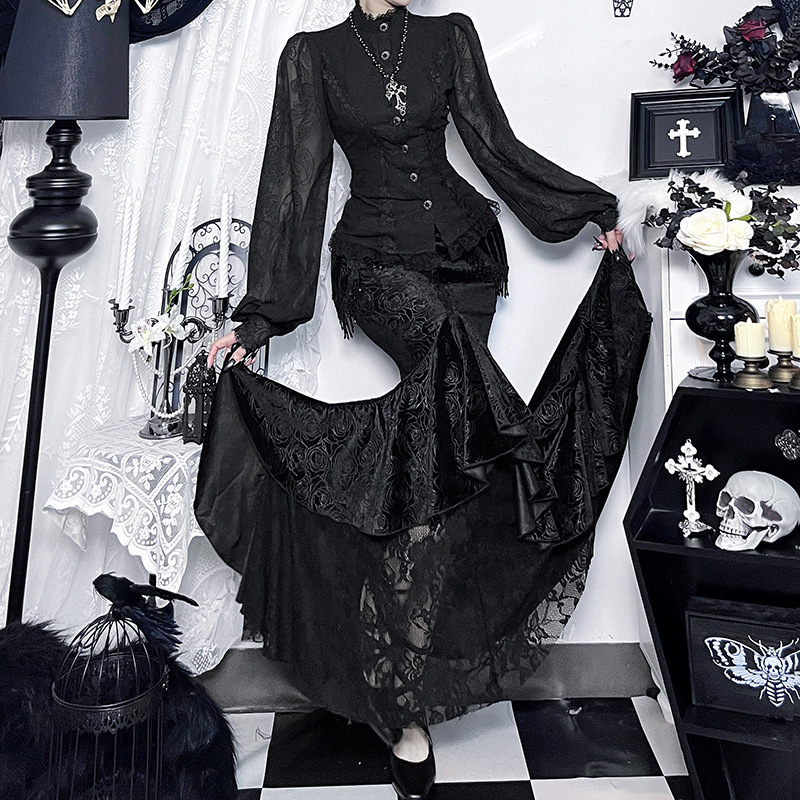 Xs25295 Subculture New Dark Pattern Jacquard Embroider Shirt Dark Clavicle Chain Female Gothic Punk Top