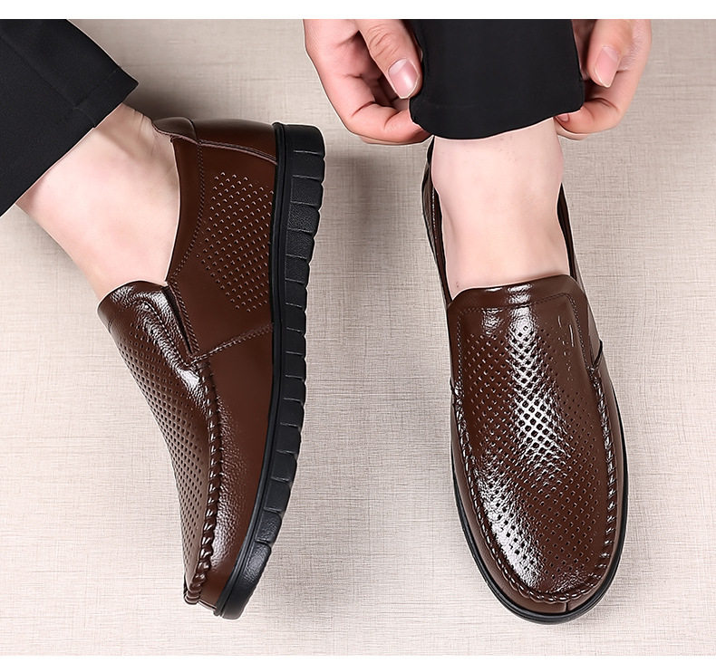 Dép sandal nam da bò thật thoáng khí lỗ rỗng, đế cao 1-3 cm, kiểu mùa hè — nâu, đen chi tiết 22