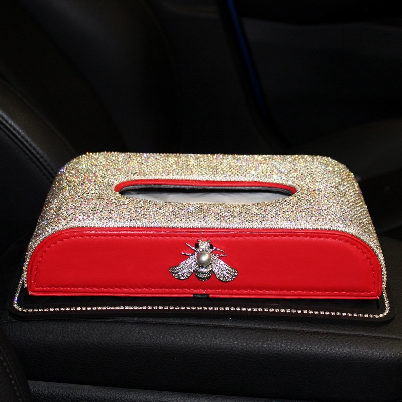 Car-mounted diamond bee cuero asiento caja de toallas para decoración interior de automóviles toallas para automóviles adornos de caja de servillas