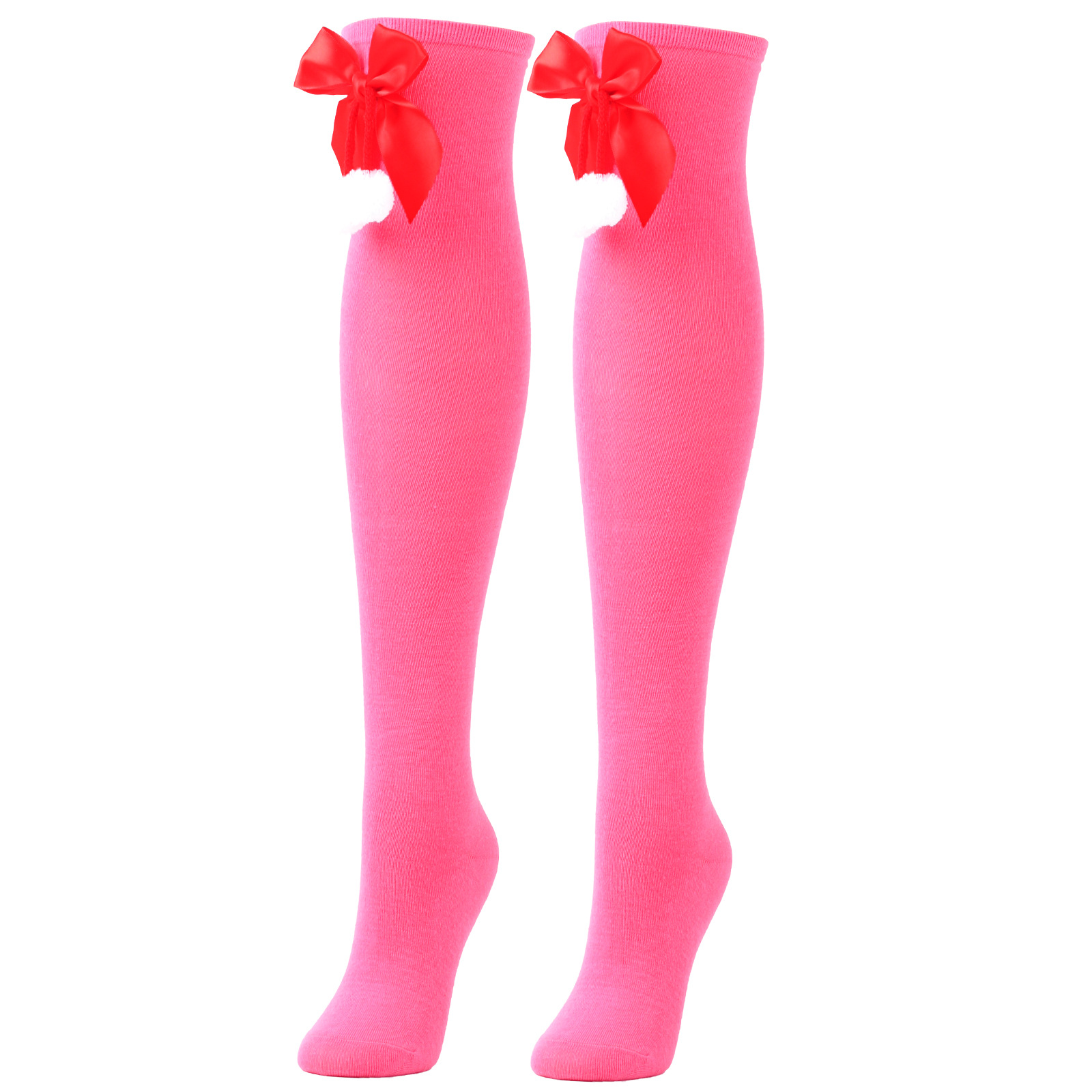 Calzini natalizi unisex con fiocco, calzini a palla, sopra il ginocchio, calzini lunghi da donna, calzini natalizi a righe_voghion.com