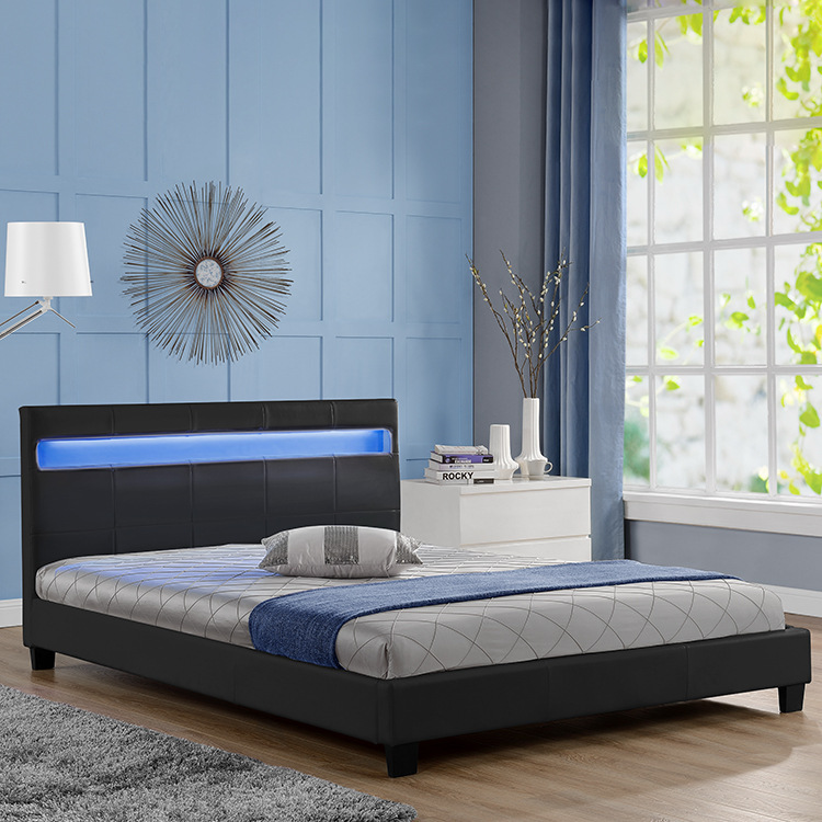 Foreign trade factory leather bed with bedside LED light decoration low box bedroom bed large size bed single bed optional