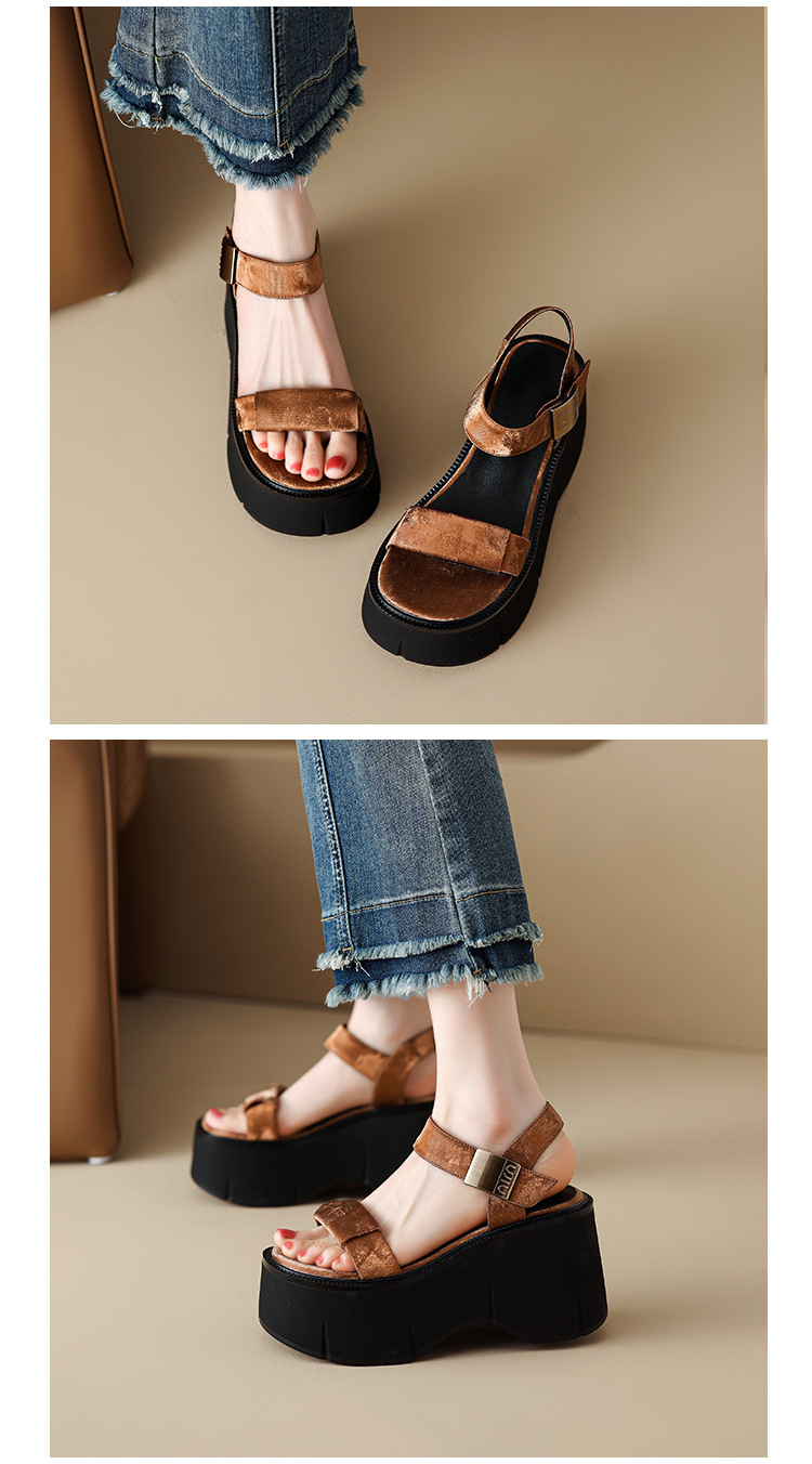 Sandal cao gót nữ phong cách Pháp cổ điển đế xuồng tăng chiều cao hở mũi khóa kim loại — màu nâu, màu đen, màu trắng ngà chi tiết 7