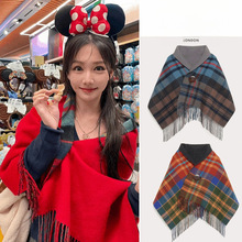 西太后羊毛格子斗篷羊羔毛双面披肩纯色围巾披肩级感保暖秋冬