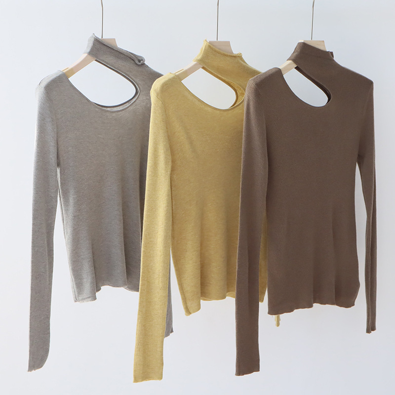 Thirteen Lines Autumn and Winter Maillard Women's Clothing Design Clavicle-Shaped Turtleneck Sweater Wool Blend Base Shirt Top