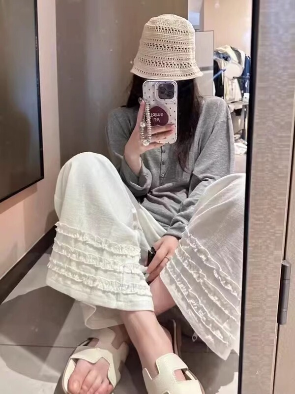 真菌レースリネンワイドレッグパンツ女性のための夏2025新しいスタイルリラックスルーズ痩身ハイウエスト9点カジュアルパンツ|undefined