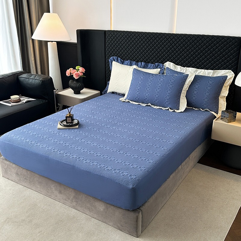 Four-Season Universal Fitted Sheet Single Piece Washed Cotton Bedspread Adult Home Bed Cover Winter Pure Color Mattress Cover Three-Piece Set 4