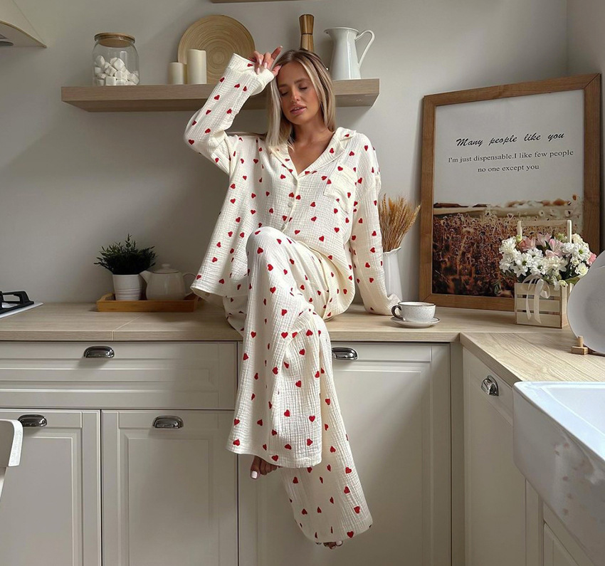 385g Weight Long Sleeve Sleeve Length Pajamas Lingerie Type Cotton Fabric Type Regular Top Length Pants Sets Sets Type 2 Pieces Set Quantity Home, Outdoor Occasion Turndown Neckline Breathable Function Regular Fit Fit Type Heart Shape Pattern Winter, Summer, Spring Season Women's Gender Sweet Style Home Outdoor Women's Sweet Heart Shape Cotton Pants Sets Pajama Sets 20